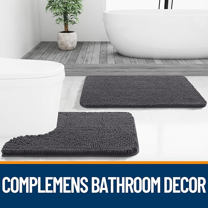 OLANLY Bathroom Rugs 70x46, Extra Soft Absorbent Chenille Bath Rugs, Rubber Backing Quick Dry, Machine Washable Bath Mats for Bathroom Floor, Tub and Shower, Home Decor Accessories, Dark Grey