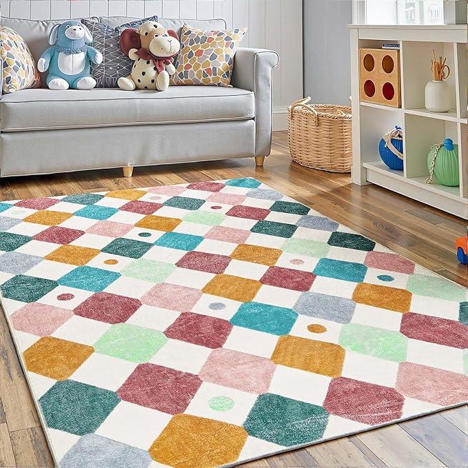 jinchan Macy Area Rug 4x6 Kids Washable Indoor Floor Cover Non-Slip Modern Soft Rug Elementary School Classroom Colorful Diamond Carpet for Nursery Playroom Daycare Living Room Confetti on Cream