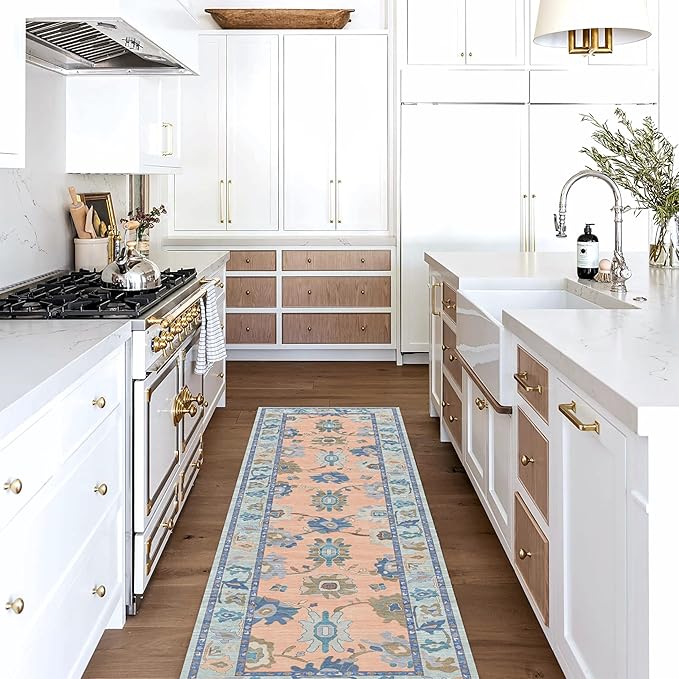 Fame Living Modern Oushak Runner Rug, Vintage, Turkish, Eclectic, Floral, Pastel, Washable, Small Throw Rugs, Short Runner for Hallway, Entryway, Laundry, Foyer, Bedroom, Kitchen, Bathroom, 2'5"x6'5"