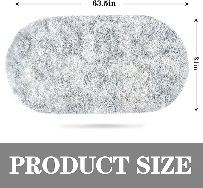 Soft Fluffy Area Rug for Bedroom, Tie-Dye Grey Fuzzy Shaggy Oval Throw Rugs for Bedside, Non-Slip Cozy Plush Shag Carpet for Kids Room Nursery Dorm Living Room, 2.6 x 5.3 Feet