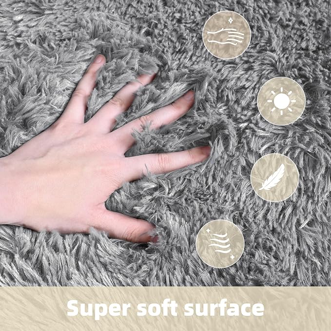 8x10 Solid Fluffy Grey Area Rug – Washable, Durable, Extra Large Living Room Rug, Non-Slip High Pile Shag Rugs for Bedroom, Playroom, Nursery Rooms, Kids Room, Soft Indoor Floor Carpet Decor