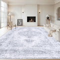 Area Rug 9x12 Living Room Rug, Machine Washable Vintage Distressed Medallion Rug Non-Slip Soft Low Pile Large Indoor Rugs for Bedroom Kitchen Dining Room Office(LightGrey,9'x12')