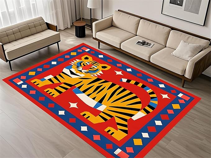 Jungle Animal Area Rug,4x6ft,Unique Design Tiger Print Rug With Geometric Pattern，Bohemian Style Animal Tiger Print Pattern Colorful Rug,Washable Non-Slip Rug for Living Room Classroom Nursery Decor