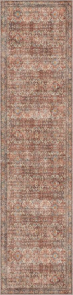 2x8 Runner Rug Machine Washable Boho Runners for Hallway,Ultra-Thin Low Pile Rug,Lightweight Indoor Carpet,Non Slip Floral Runners for Enrtyway, Corridor, Home Office, Kitchen,Terracotta/Indigo