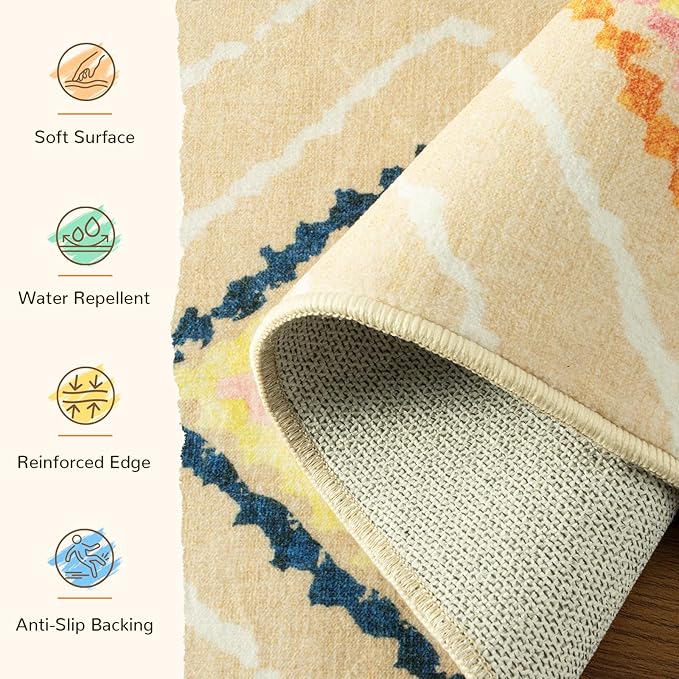 Area Rug 8x10 Rug Machine Washable Non-Slip Low Pile Print Pattern Western Rug for Living Room Bedroom Entryway Tribal Series -Cream/Beige