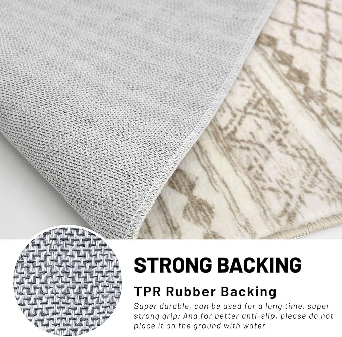 KUTA Moroccan Washable Runner Rug 2.6x8, Non-Slip Vintage Beige Boho Hallway Runners Kitchen Rugs Ultra Soft Print Distressed Geometric Floor Carpet for Bedroom Laundry Living Room