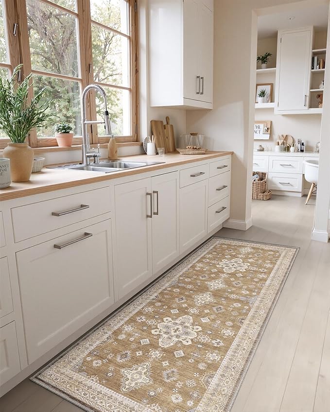 DEXI Hallway Runner Rug 3x10, Distressed Non Slip Runners Carpet, Boho Vintage Soft Thin Indoor Rug, Stain Resistant Washable Entry Mat for Entryway Kitchen Laundry Room Living Room, Light Brown