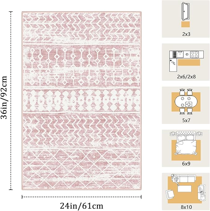 2x3 Machine Washable Area Rug for Entryway, Pink Vintage Moroccan Rug Non-Slip Low Pile Soft Faux Wool Small Carpet, Kids and Pets Friendly for Bedroom Kitchen Hallway Home Decor Rug