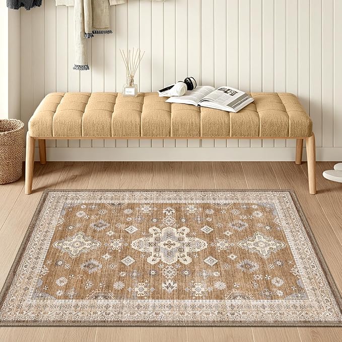 LUMI Indoor Thin Door Mat, 32x47 Washable Small Inside Doormat, Non Slip Low Pile Oriental Floor Carpet, Vintage Distressed Area Rug for Front Door,Entrance,Bedroom, Amber