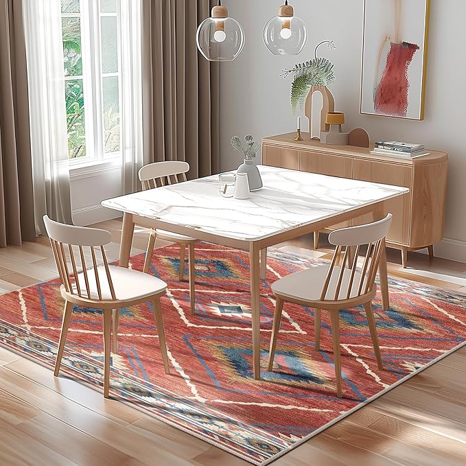 Area Rug 4x4 Rug Machine Washable Non-Slip Low Pile Print Pattern Western Rug for Living Room Bedroom Entryway Tribal Series -Red/Orange