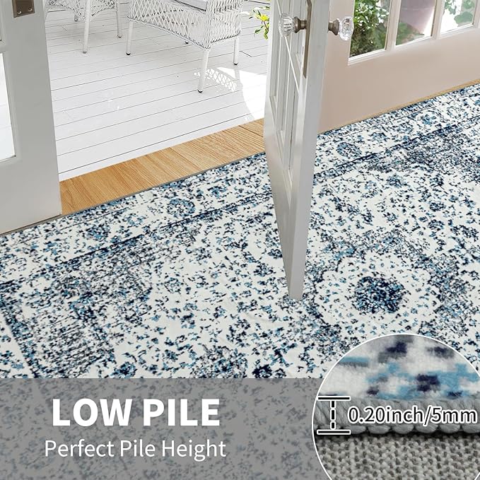 Easy-Going Boho Area Rug 3x5 Entryway Rug Washable Inside Door Mats for Home Entrance Non-Slip Vintage Small Rugs for Entry Living Room Bedroom Kitchen Bathroom Lightweight Carpet, Floral Blue Cream