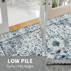 Easy-Going Boho Area Rug 3x5 Entryway Rug Washable Inside Door Mats for Home Entrance Non-Slip Vintage Small Rugs for Entry Living Room Bedroom Kitchen Bathroom Lightweight Carpet, Floral Blue Cream