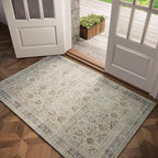 Washable 2x3 Entryway Rug, Boho Non-Slip Door Mat Vintage Distress Small Rugs for Kitchen Nursery Office Bedroom, 0.3" Neutral Oriental Throw Carpet with Cushioning Pad,Grey/Beige/Orange/Multi