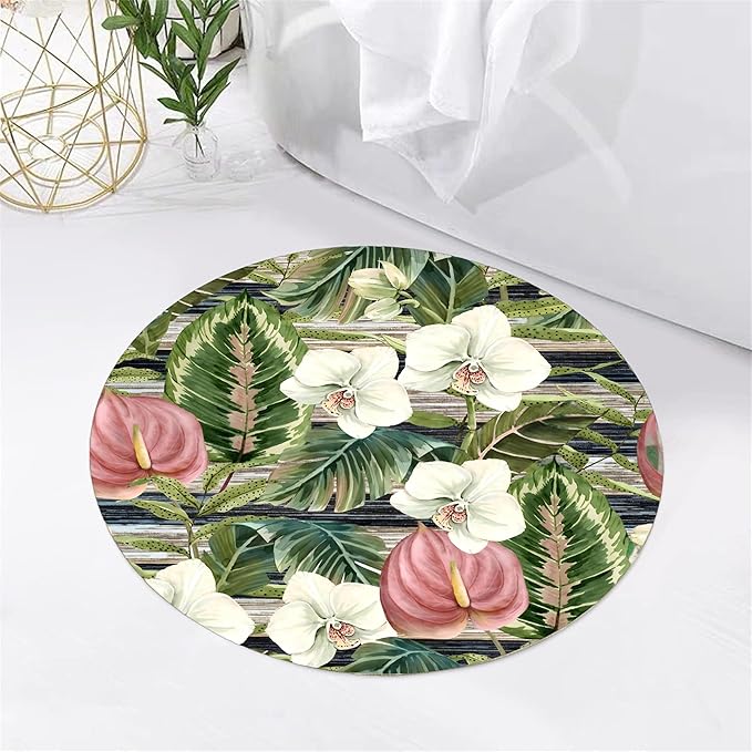 7ft Round Indoor Rug Non-Shedding Machine Washable，Low Pile Non-Slip Carpet with Tropical Floral Pattern，Soft Floor Mat for Living Room, Bedroom, Mudroom Easy Clean Home Decor
