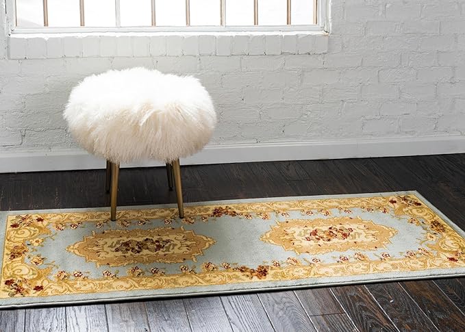 Rugs.com Chateau Collection Rug – 3' x 19' 8 Runner Light Blue Medium Rug Perfect for Hallways, Entryways