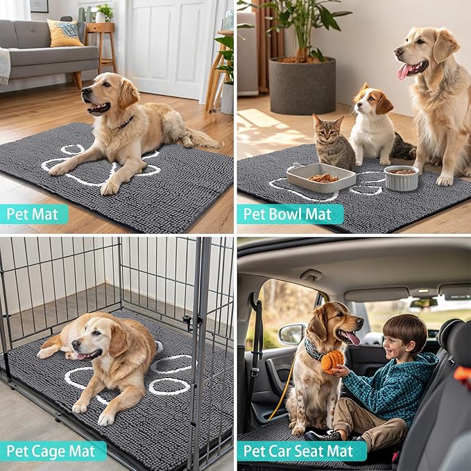 Smiry Dog Door Mat for Muddy Paws, Absorbent Dirt Trapper Non Slip Quick Dry Washable Chenille Mat for Mud Dogs, Entry Rug for Indoor and Outdoor (70x24 Inches, Dark Grey and White)