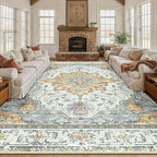 Area Rugs 10'x12' Washable Non-Slip, Floral Vintage Distress Print Pattern Medallion Carpet for Living Room Bedroom Dining Room, Light Yellow Carbon Grey Orange