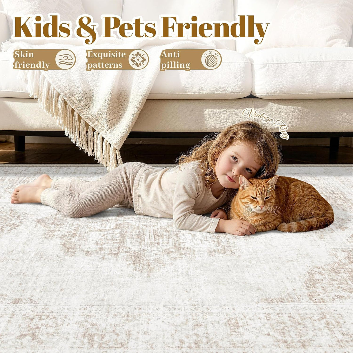 8X10 Area Rugs for Living Room, Washable Rugs Beige Vintage Medallion Non-Slip Soft Low Pile Rug Large Indoor Retro Carpet for Bedroom Dining Room Home Office Nursery Room(Beige,8'x10')