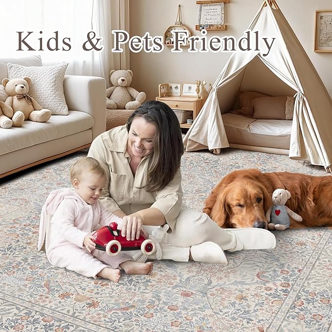 2x6 Floral Washable Area Rugs for Living Room, Vintage Boho Large Rug for Bedroom Dining Room， Distressed Botanical Birds Non Slip Low Pile Forest Animal Throw Carpet for Farmhouse Office, Beige Blue