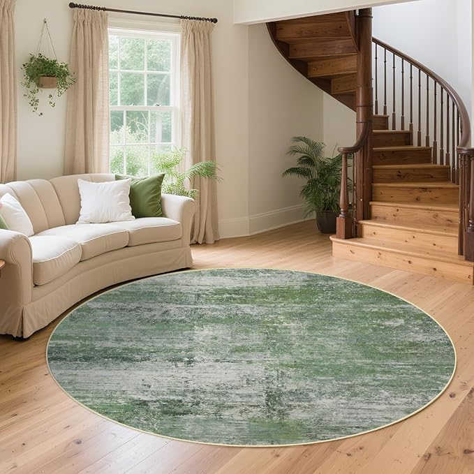 Round 5ft Abstract Rug, Modern Washable Indoor Circle Area Rugs for Living Room, Soft Circular Non-Slip Carpet Floor Mat for Entryway Dining Room Home Office - Abstract Sage Green