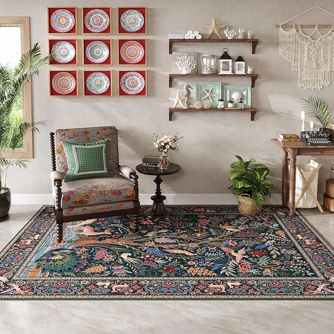 Rugcomf Area Rugs 4x6 Vibrant Tree of Life-Patterned Vintage Washable Rugs Non Slip Low Pile Small Carpet for Bedroom Bedside Kids Room Office Dining Room, Green