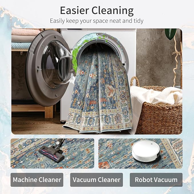 Enkor Area Soft Rugs 9x12 Washable Non Slip Boho Floor Rugs for Living Room Bedroom, Vintage Style Farmhouse Mat for Kitchen Entryway Green & Blue
