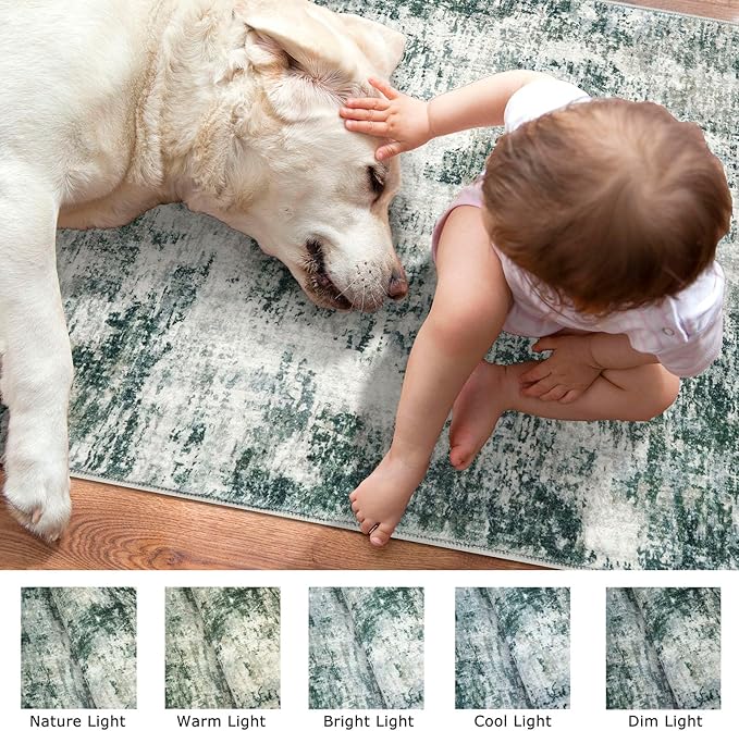 Modern Abstract Small Area Rug Indoor, Grey Green 3x5 Washable Rug Non-Slip Soft Entryway Rug Kitchen Mats Thin Print Faux Wool Floor Carpet Colorful Throw Rugs for Entrance Bedroom