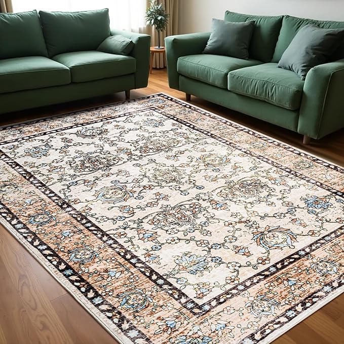Area Rug for Living Room, 6x9 Machine Washable Non Slip Large Faux Wool Throw Rug, 0.3″ Low Pile & Non-Shedding Boho Large Carpet Rugs for for Dining Room, Bedroom, Office (Khaki)