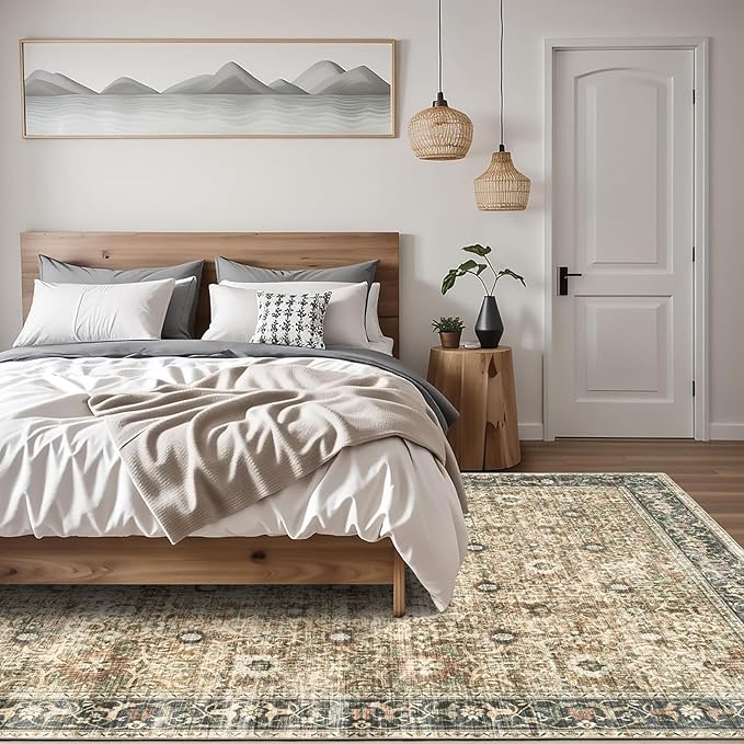 ReaLife Rugs Machine Washable Area Rug - Living Room Bedroom Bathroom Kitchen Entryway Office - Padded Low Pile Stain Resistant Premium - Boho Farmhouse Vintage - Dua - Brown Gray Beige 5' x 7'