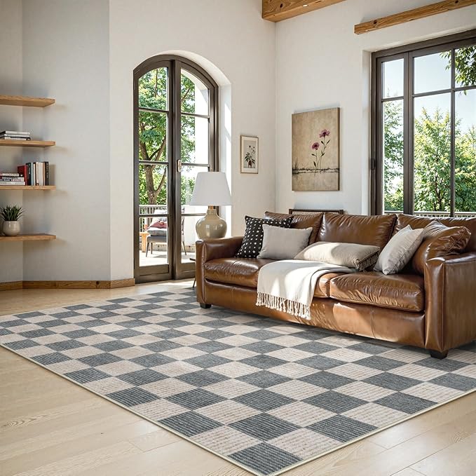 LIVEBOX Machine Washable Area Rug 6x9 Checkered, Non Slip Soft Large Bedroom Living Room Rug Farmhouse Neutral Classic Geometric Pattern Boys Rug, Indoor Carpet for Den Dorm Playroom(Grey,6'x9')