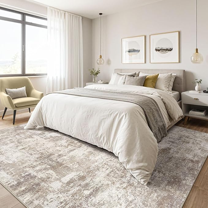 8x10 Area Rugs Living Room: Washable Large Abstract Soft Rug Stain Resistant Indoor Floor Non-Slip Accent Carpet for Women Modern Home Enthusiasts Aged- Bedroom Nursery Playroom- Beige Brown