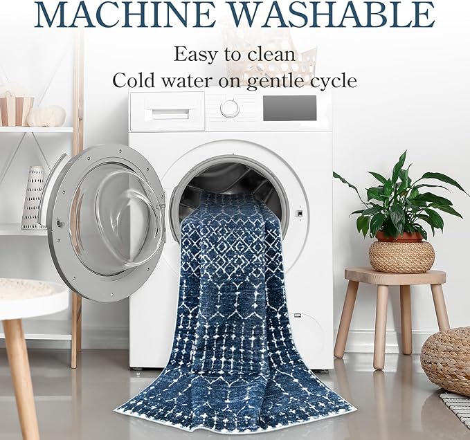 Lahome Moroccan Washable Kitchen Runner 2x8 Carpet Runners for Hallway 8Ft Low-Profile Non-Slip, Indoor Geometric Print Distressed Rug for Entryway Laundry Room Foyer, (Blue,2'x8')