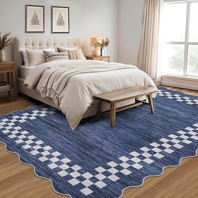 GarveeHome Scalloped Washable Rug 9x12 Area Rug for Living Room Modern Border Large Bedroom Throw Carpet with Rubber Backing Stain Resistant Boho Rug for Dining Room Home Decor Office, Blue