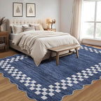 GarveeHome Area Rug 6x9 Large Living Room Modern Border Throw Rug with Rubber Backing Stain Resistant Dining Room Throw Carpet Washable Scalloped Rug for Bedroom Home Decor Office, Blue