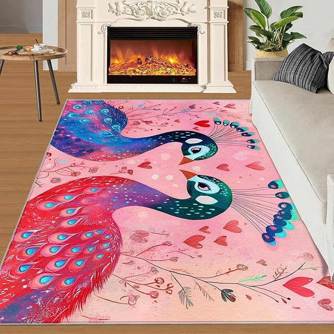 Cartoon Peacock Rug Small - 2x3 Rug, Colorful Peacock Washable Rugs for Living Room, Floral Botanical Carpet, Boho Non-Slip Area Rugs for Bedroom, Peafowl Carpet - Peafowl Home Decor & Gifts