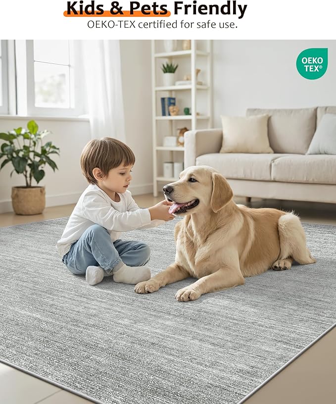 Art&Tuft Washable Rugs 8x10, Area Rugs for Living Room - Non Slip and Stain Resistant Soft Thin Low Pile 8x10 Rug for Bedroom, Dining Room, Kitchen, Office, Grey