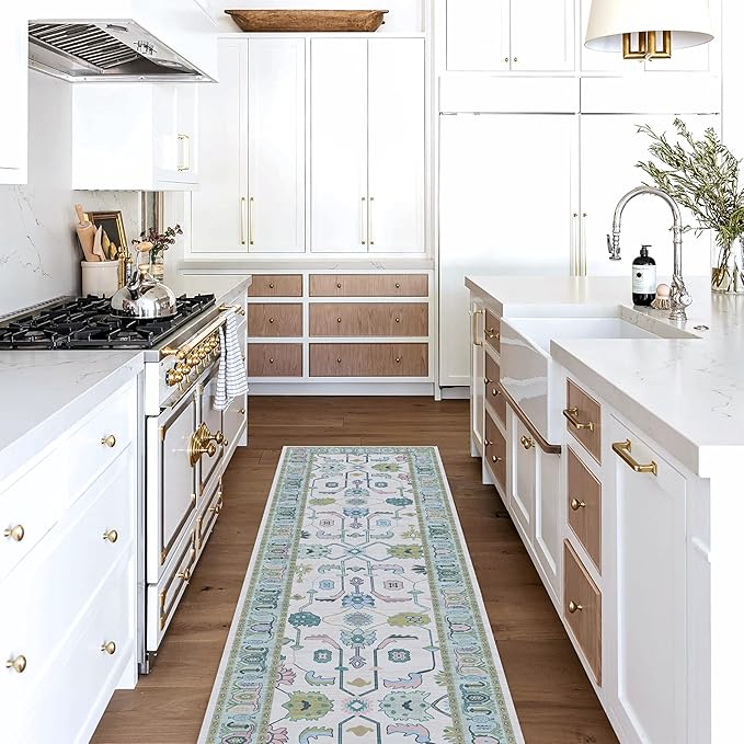 Fame Living Cream Green Oushak Runner Rug, Modern Runners, Turkish, Eclectic, Floral, Pastel, Washable, Small Rugs, Short Runner for Hallway, Entryway, Laundry, Foyer, Kitchen, Bathroom, 2'5"x6'5"