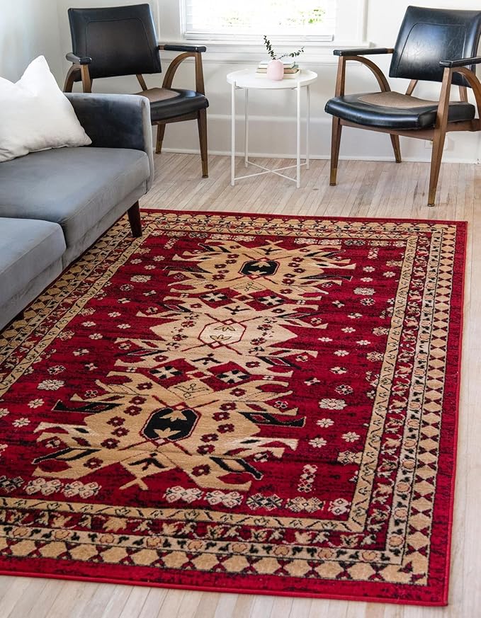 Unique Loom Taftan Collection Border Geometric Tribal Inspired Design Area Rug (4' 0 x 6' 0 Rectangular, Red/ Gold)