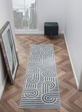 Annabel Modern Geometric Runner Rug for Kitchen, 2x7 Contemporary Arched and Linear Blue Runner, High-Low Pile Stain Resistant Carpet for Bedroom, Hallway or Entryway (2' x 7', Blue)