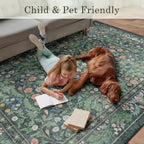Green Floral 8x10 Area Rugs for Living Room Large Washable Rug Vintage Forest Low Pile Non Slip Stain Resistance Soft Carpet for Dining Room, Bedroom, Office Rug, Kids Room, Nursery Room, Playroom