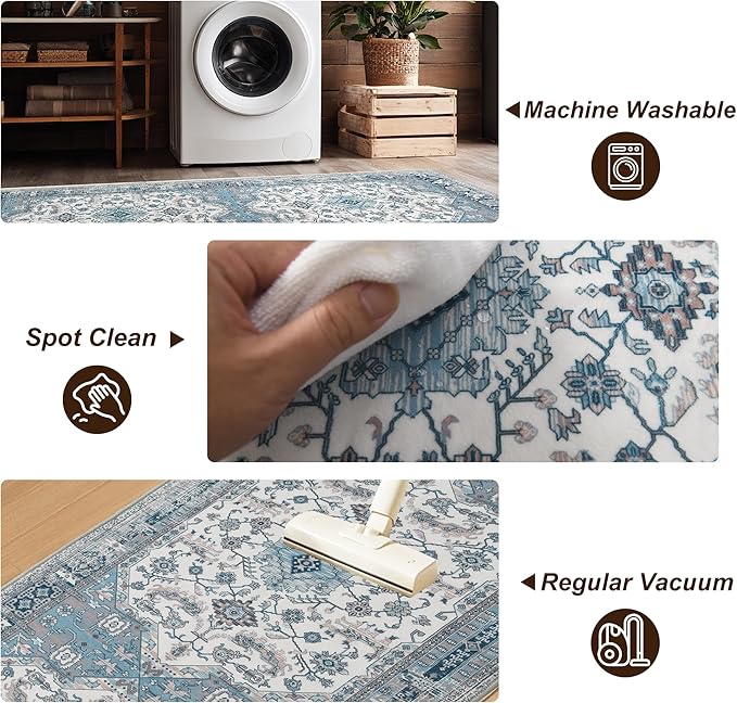 XWZO Entryway Area Rug 2x3ft — Soft Vintage Low Pile Door Floor Mat with Non Slip Backing for Bedroom Bathroom Kitchen Laundry, Spill Resistant Washable Small Indoor Carpet for Doorway Entrance, Blue