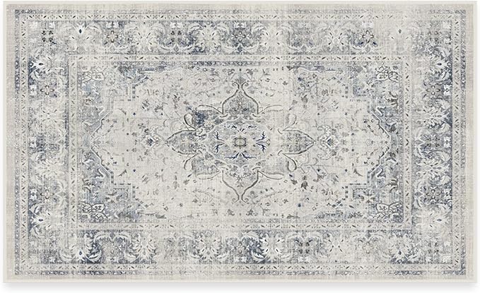 RUGGABLE Washable Vintage Area Rug – Sarrah Blue Quartz 3x5, Stain-Resistant, Non-Slip – Small Machine Washable Rugs for Living Room, Bedroom, Hallway, Entryway & Office–with Cushioned Pad