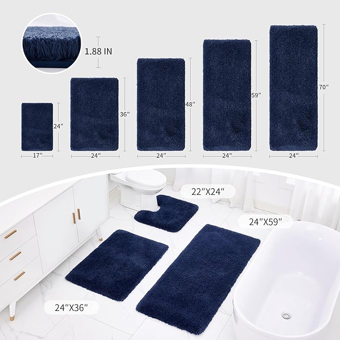 Navy Bathroom Rug 20x32 Non Slip Fluffy Bath Mat for Bathroom Floor Washable Plush Luxury Bath Rug for Tub Soft Shaggy Absorbent Shower Sink Mat