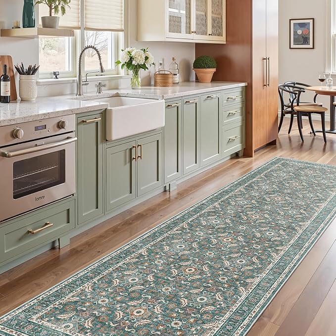 WITSHOCK Washable 3x10 Long Runners Rugs for Hallways,Vintage Neutral Hallway Rugs for Entryway Kitchen Bedroom,Vintage Farmhouse Home Decor(Teal Blue,3x10)