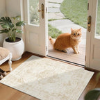 2x3 Vintage Washable Area Rugs for Entryway Soft Non-Slip Bath Mat Boho Medallion Distressed Retro Accent Carpet Floral Low Pile Indoor Throw Rug for Kitchen Laundry Living Room Bedroom, Beige