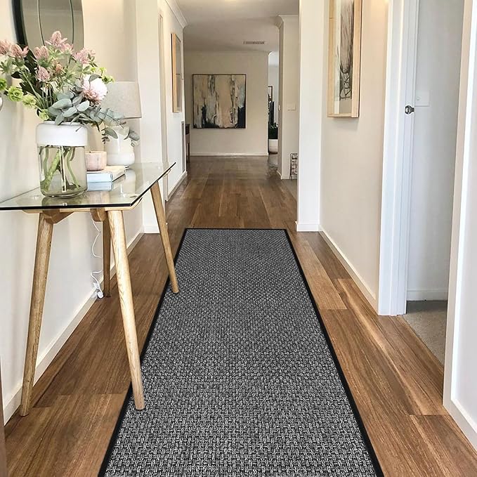 7ft Jute Kitchen Mats for Floor, Water Absorbent Long Kitchen Rug Rubber Backed Indoor Entryway Runner, Black Runners for Hallway Non Skid