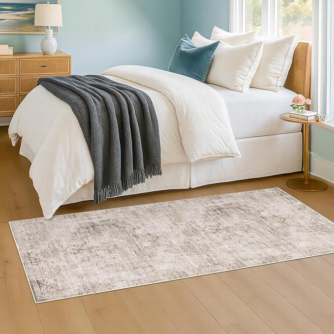 Washable Non Slip Stain Resistant 2x5 Runner Rug for Bathroom, Kitchen, Laundry Room, Bedroom Beside Bed, Unique Tan Distressed Abstract Eclectic Runner Décor, Beige Brown