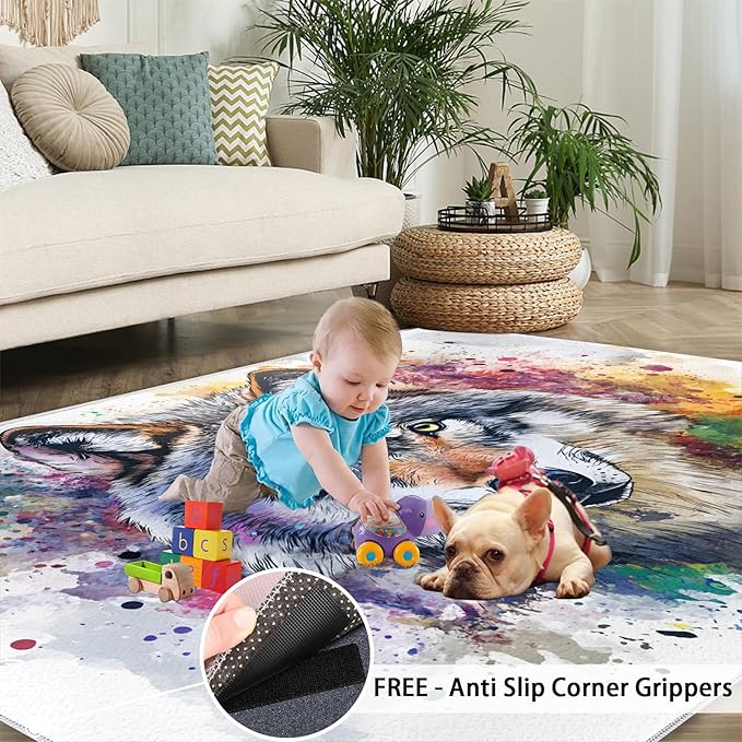 Wolf Rugs for Bedroom - 5x6 Area Rug - Graffiti Wolf Rugs for Living Room, Abstract 3D Animal Graffiti Rug, Washable Home Decor Carpet