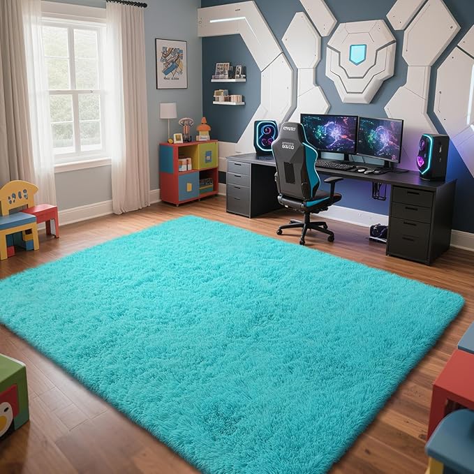 Teal Blue Rug Fluffy Rug, 8x10 Teal Area Rugs for Living Room, Soft Cute Baby Play Mat, Teal Rugs for Bedroom, Nursery, Preppy Dorm, Plush Aesthetic