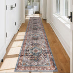 KOZYFLY Runners for Hallways 2x12 Ft Washable Kitchen Runner Rug Boho Long Runner for Entryway Indoor Printed Faux Wool Carpet for Bedroom Kitchen Hall, Brick Red/Orange/Green